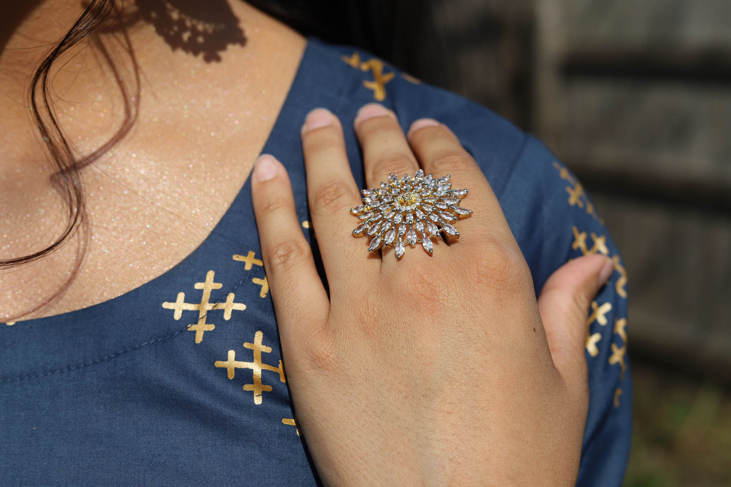 CZ finger ring silver and gold with white stones