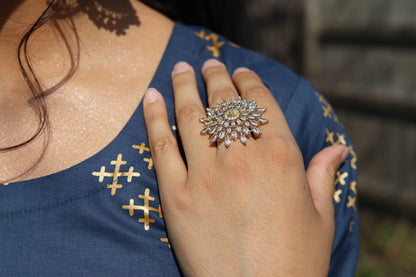 CZ finger ring silver and gold with white stones