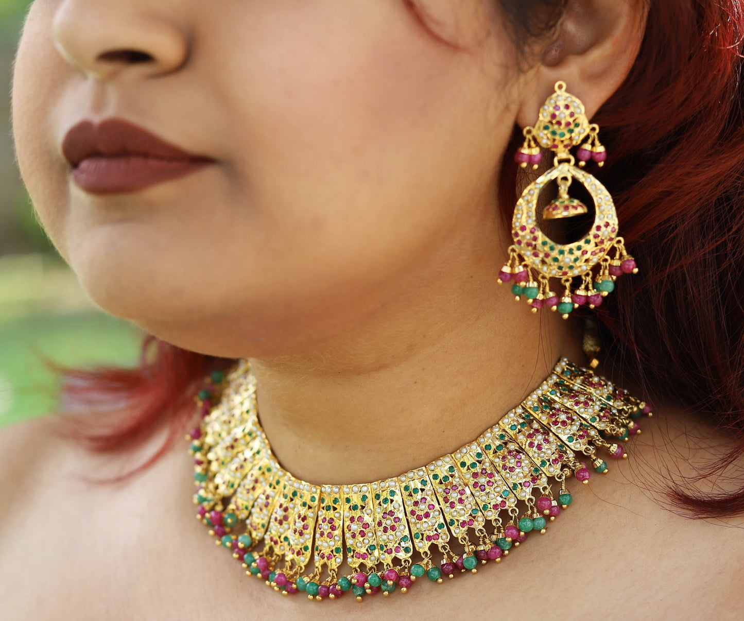 24 Carat Gold Plated Jadau Necklace with Earrings