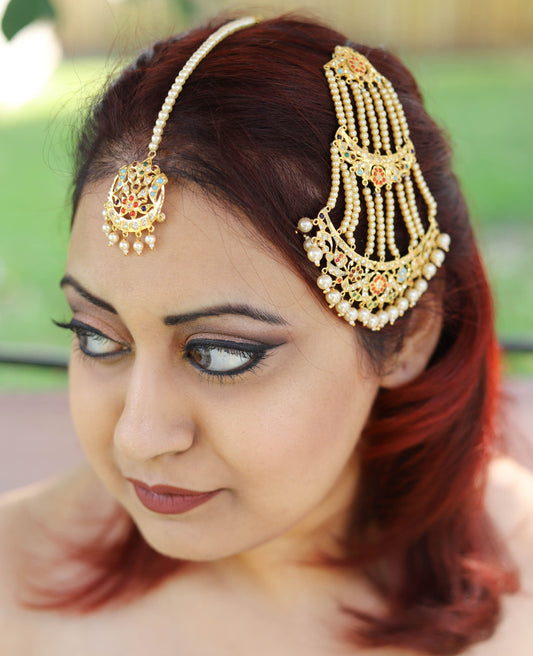 6 carat gold plated polki  Hyderabadi tikka and jhoomar with multi colored semi precious stones and pearls