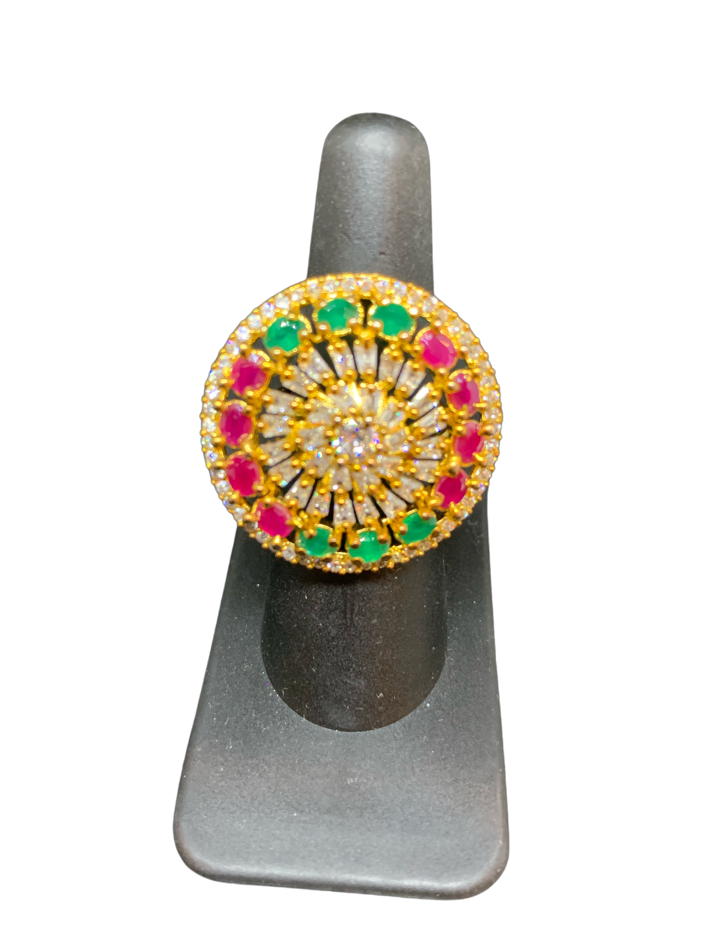 American diamond ring studded with semi precious red and green stones