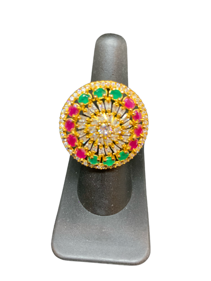 American diamond ring studded with semi precious red and green stones