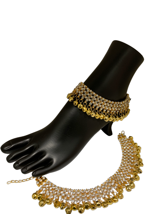 Antique Gold Plated Ghungroo Payal with White Stones